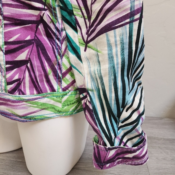 Margaret Frances Floral Top Jacket Size 14 Linen Button Purple‎ Lime Teal Tones - Picture 9 of 11